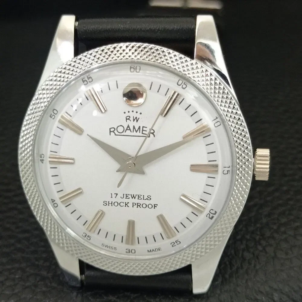 Vintage 1983 Roamer Manual Mens Silver Watch W/Leather Strap & White accents